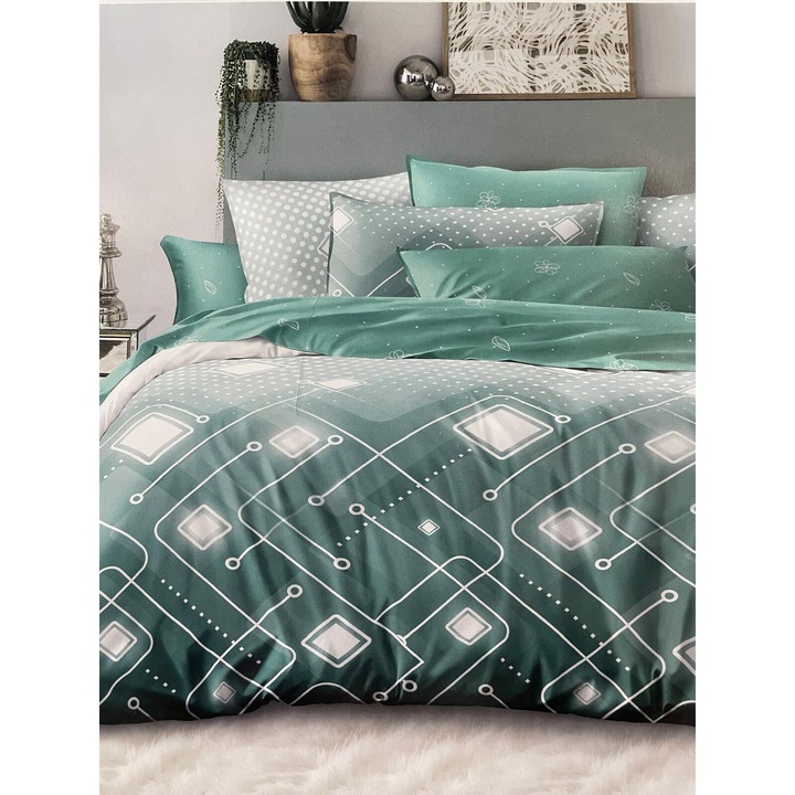 Set Lenjerie de pat dublu, 2 persoane, East Confort, Bumbac, 6 Piese, Cearceaf de pat 230 x 250 cm, Cearceaf pilota 200 x 230 cm, 2 fete de perna 70 x 70 cm, 2 fete de perna 55 x 80 cm, Bej, Turcoaz si Verde