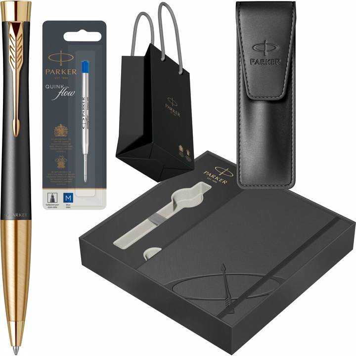 Pix Parker Urban Royal Muted Black GT cu gravura laser inclusa, rezerva pix Jumbo Quink Flow albastra, etui Parker Leather Black, in cutie cu agenda Royal III Collection si punga
