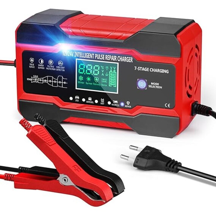 12V/24V 10A akkumulátortöltő LCD érintőképernyővel, AGM/zselés/EFB/ólom-savas akkumulátorokhoz, autókhoz és motorkerékpárokhoz