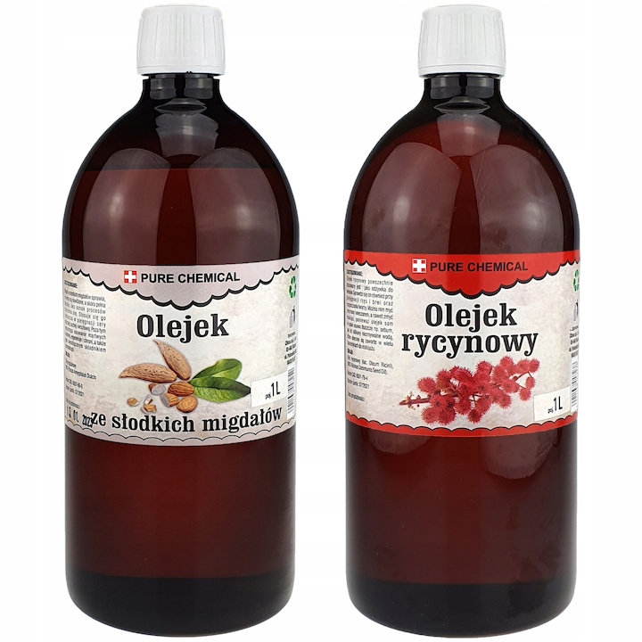 Set de Uleiuri de Migdale Dulci si Ricin, Chosa, Pure Natural, 2x1000ml, Fara Aditivi, Nerafinat, Hidratarea pielii, Hraneste, Confera elasticitate si luminozitate, Intareste parul, Ingrijire delicata, Demachiere