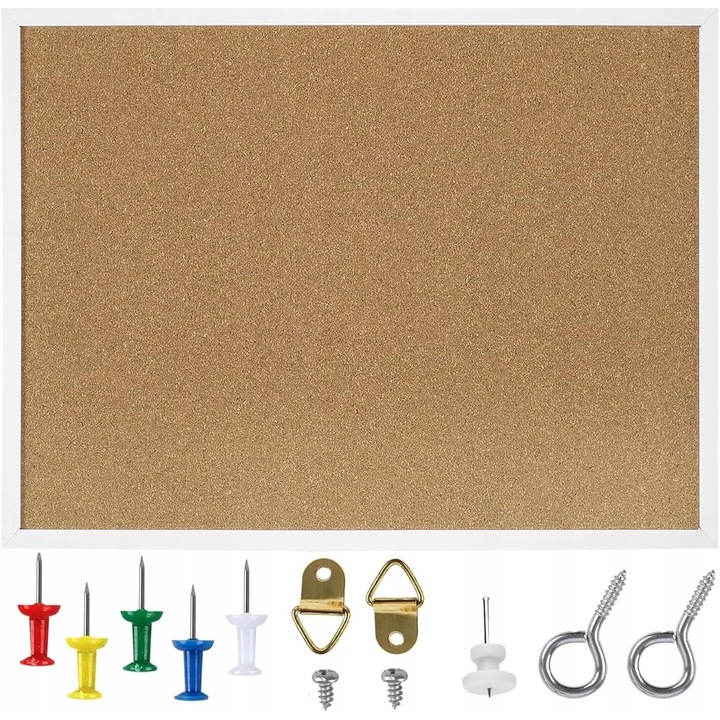 Tabla de pluta alba cu rama din lemn, 40x30cm, set cu pini, pentru birou si acasa