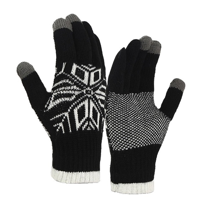 Manusi pentru Iarna, OPTIM SOLUTION, Tactile, pentru Barbati, Warm Winter Gloves, OptimForm, Functie Touchscreen, Marime Universala, Model Fulg de Nea, Material Acril Tricotat, Manseta Elastica, Interior Catifelat, Negru