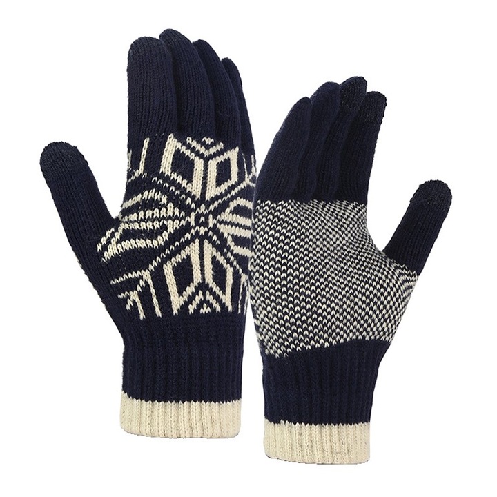 Manusi pentru Iarna, OPTIM SOLUTION, Tactile, pentru Barbati, Warm Winter Gloves, OptimForm, Functie Touchscreen, Marime Universala, Model Fulg de Nea, Material Acril Tricotat, Manseta Elastica, Interior Catifelat, Albastru
