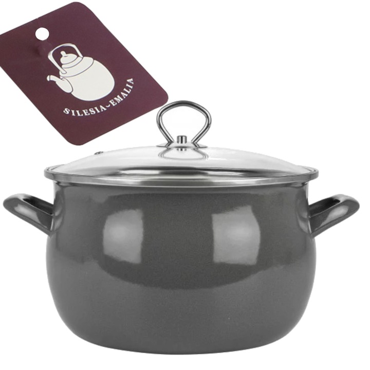 Oala emailata cu capac 6, 5L, Silesia Emalia, Gri