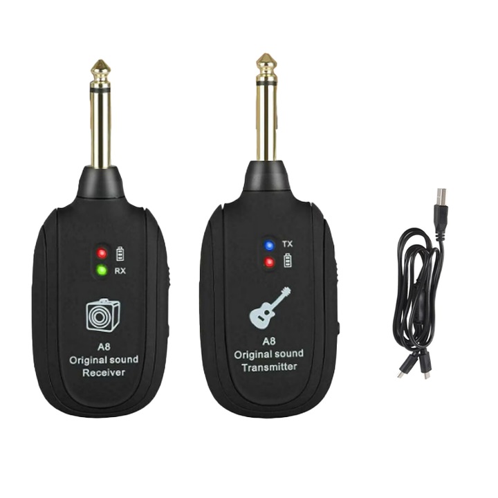 Безжична китарна система, USB презареждаема, 4 канала, Plug and Play за, бас, цигулка, клавиатура - черна