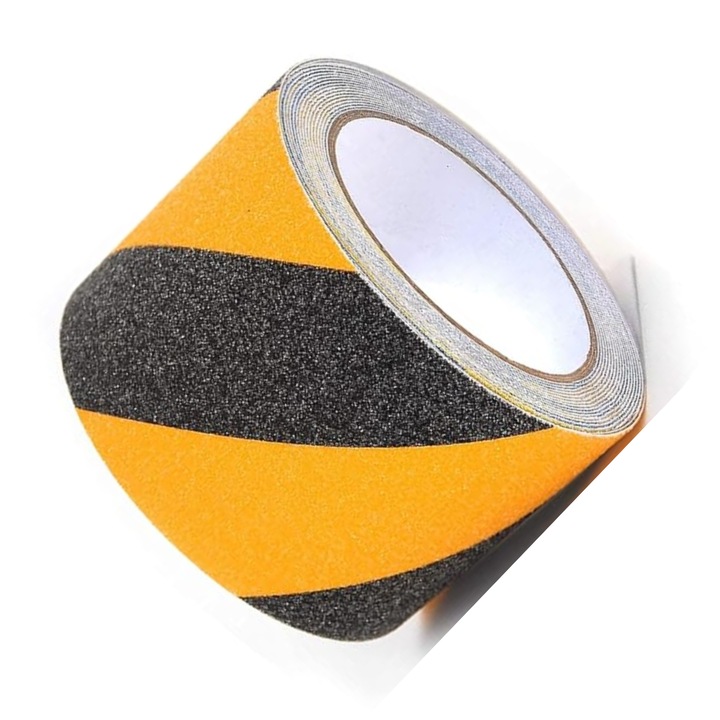 Banda Adeziva Antiderapanta, Banda antiderapanta pentru scari, trepte, podele, avertizare privind zonele periculoase, usor de rupt, usor de curatat, antiderapanta, 5cm x 5m, usor de instalat, negru galbui