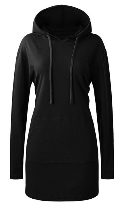 Hanorac tip rochie, Pentru dama, Cambrat, Stil toamna/iarna, sireturi cu gluga, maneci lungi, 75% Bumbac, Negru, M