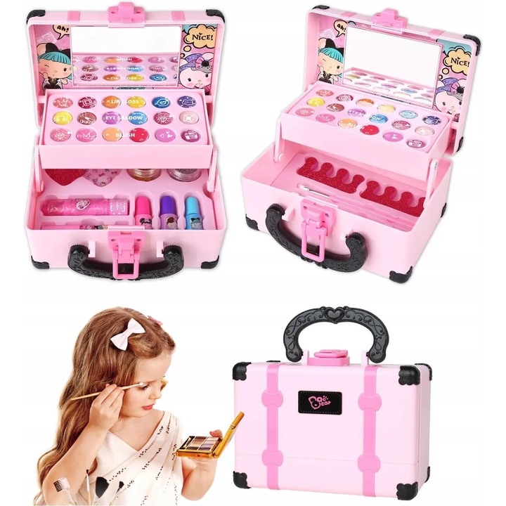 Trusa de Machiaj pentru Fetite MagicMakeup™ cu 33 de Accesorii, Geanta Transport, Oglinda, Lavabil si Non Toxic, Farduri, Pensule, Luciu de Buze, Interactiv si Creativ, Pink