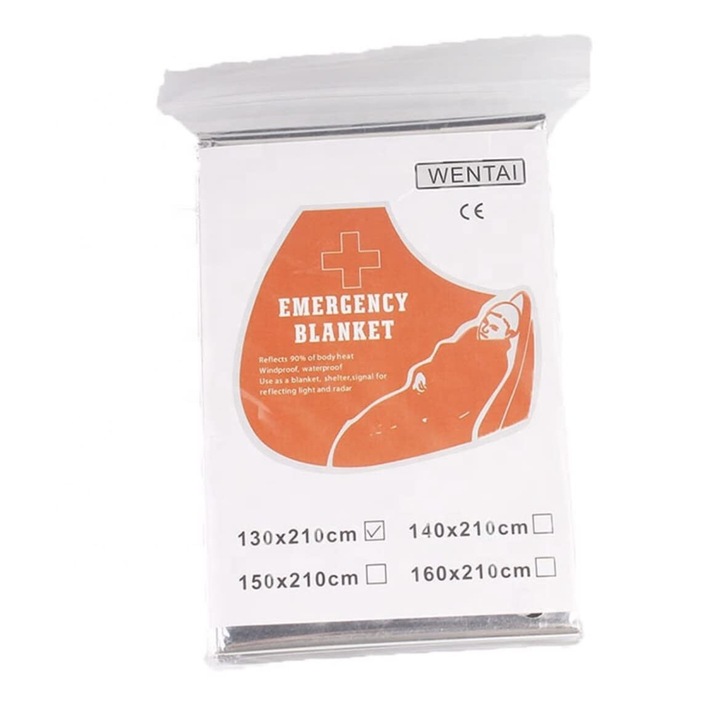 Patul cald din folie de poliester, 130x210 cm, reutilizabil si impermeabil, este o alegere ideala pentru activitati in aer liber si supravietuire Accesorii pentru camping si drumetii, argint