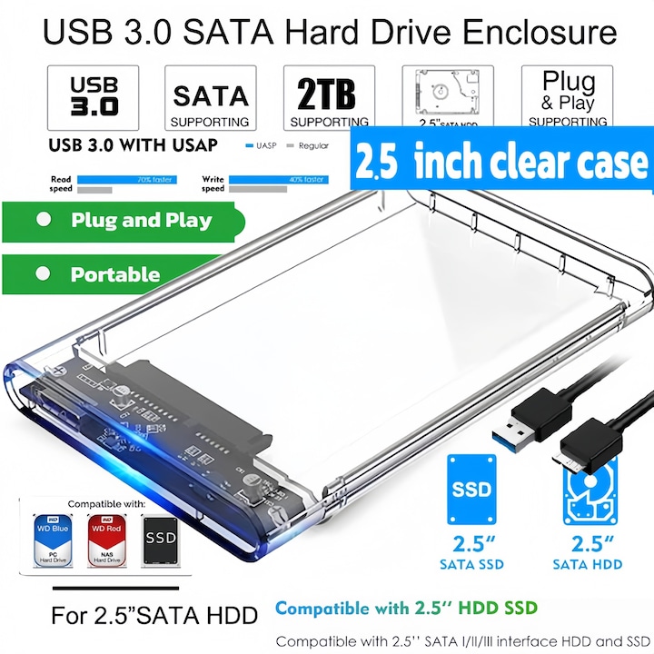 Rack extern pentru HDD/SSD, Excitat®, USB 3.0, SATA, 5Gbps, portabila, Plug & Play, Carcasa din plastic tehnic ABS, transparent