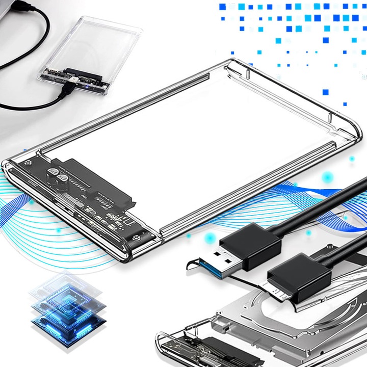 Külső HDD/SSD állvány, Excitat®, USB 3.0, SATA, 6Gbps, hordozható, Plug & Play, ABS műanyag ház, átlátszó