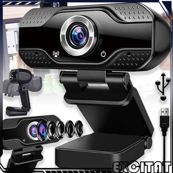 Camera Webcam, EXCITAT®, 1920*1080, 5MP, Auto-Focus, Expunere Automata, 40° in sus si in jos, Microfon Reducere Zgomot, USB 2.0, Trepied, Capac Intimitate, Compatibil cu XP, Vista, Win7/8/10, Android 4.0 si versiuni ulterioare, Mac si altele, Negru