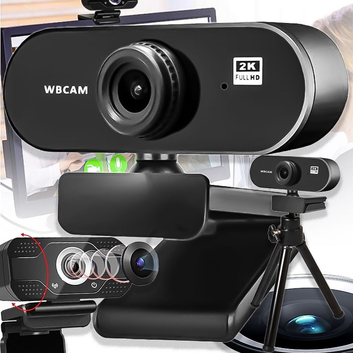 Camera Webcam, EXCITAT®, 3840x2160, 2K, 8MP, Rata de cadre 30 FPS, Auto-Focus, Microfon Reducere Zgomot, USB 2.0, Cu suport inclus, Compatibil cu XP, Vista, Win7/8/10, Android 4.0 si versiuni ulterioare, Mac si altele, Gri
