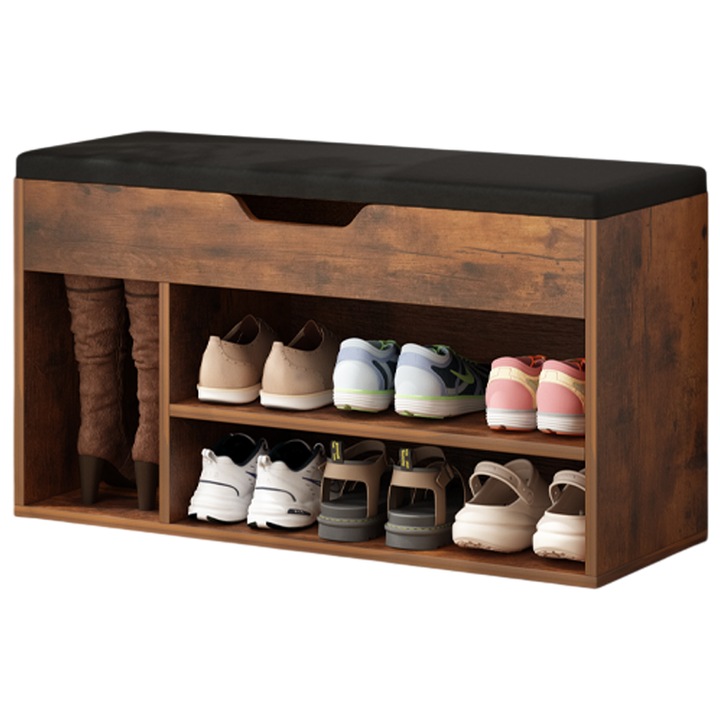 Dulap de pantofi spatios cu depozitare scaun 2 rafturi din lemn retro MUVU