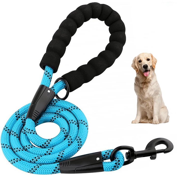 Lesa de caine reflectorizanta pentru talie mica si mare, PAROY, cu maner din spuma imbunatatit fiind sigura si rezistenta in timpul plimbarilor sau in conditii de vizibilitate redusa, 1.2cm x 150cm, albastru