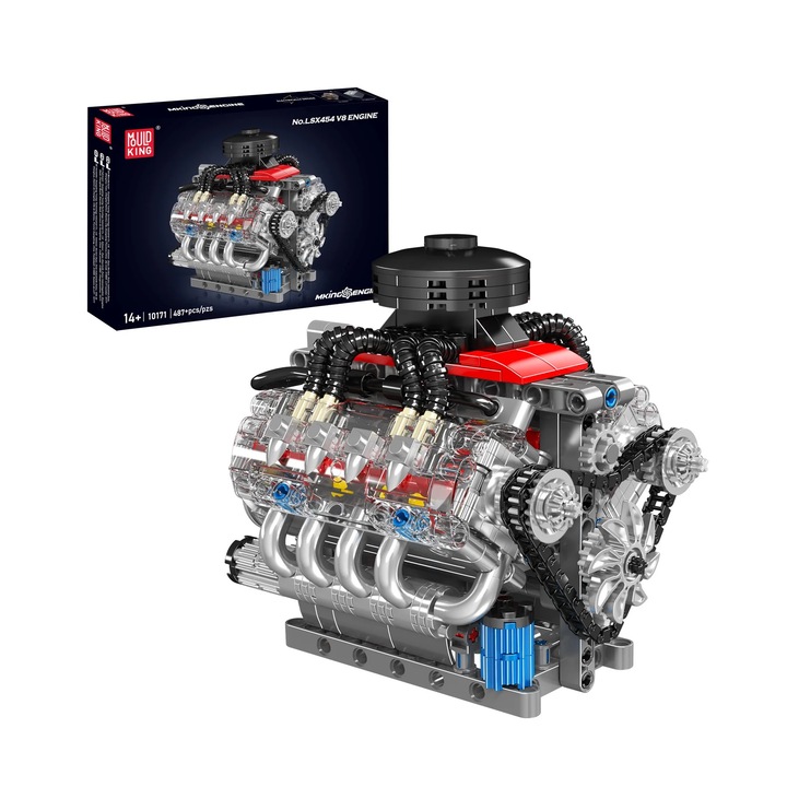 MOLD KING 10171 строителен комплект, технически блокчета за модел V8 двигател, с 487 части, със захранващ компонент за блокчета, подходящ за деца и възрастни