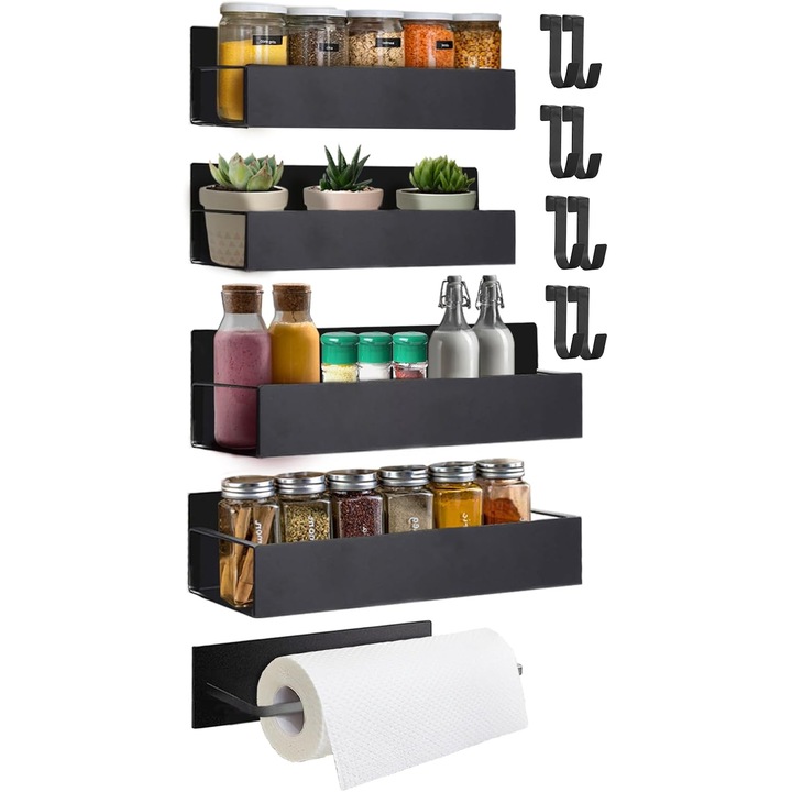 Raft universal cu suport rola prosop, RorAem, Suport magnetic pentru condimente pentru frigider, 5 polite, suport rola prosop, 8 carlig, Fara gaurire, Instalare usoara si rapida, Robust si durabil, Montat pe perete, Pentru bai si bucatarii, negru
