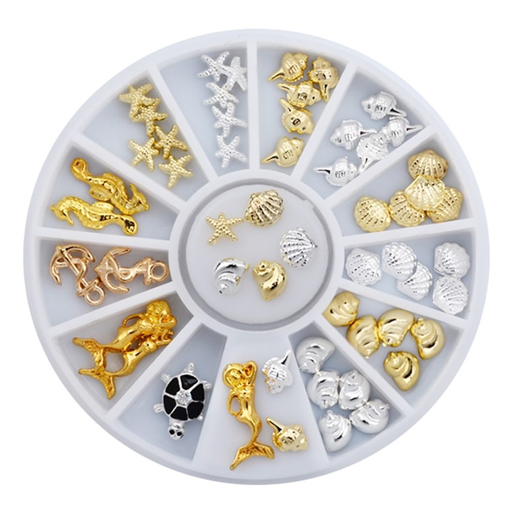 Set de decoratiuni pentru unghii, metalice, scoica, stea de mare, 10x10cm
