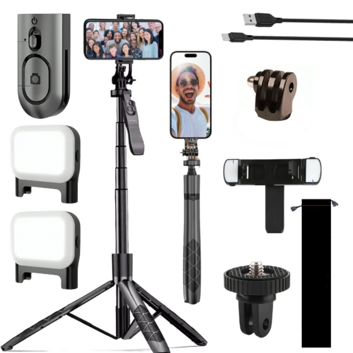 Trepied 2 in1 VIRTWO.™ cu Selfie Stick Telescopic pentru Telefon, Camera Video/Foto, GoPro, Reglabil pe Inaltime pana la 155cm, Telecomanda Bluetooth Detasabila, 2x Lumini Twin Light, Husa transport si Cablu de incarcare USB-C inclus
