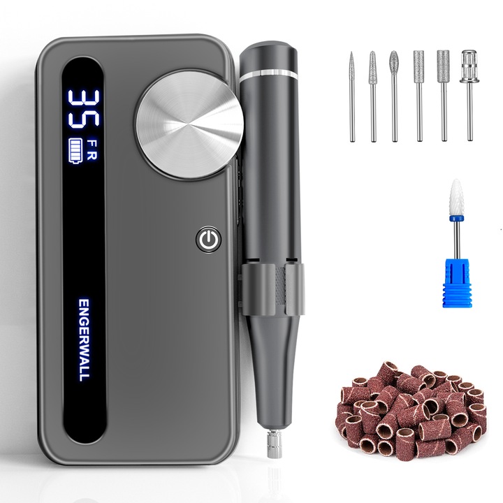 Aparat manichiura-pedichiura ENGERWALL, 35000 RPM, set complet cu 7 capete de frezare, 56 benzi abrazive, portabil, argintiu inchis