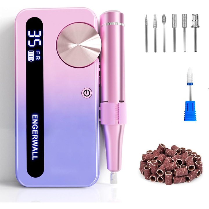 Aparat manichiura-pedichiura ENGERWALL, 35000 RPM, set complet cu 7 capete de frezare, roz-albastru, portabil