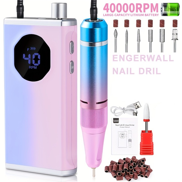 Aparat manichiura-pedichiura ENGERWALL, 40000 RPM, set complet cu 7 capete de freza si 56 benzi abrazive, roz-albastru, portabil