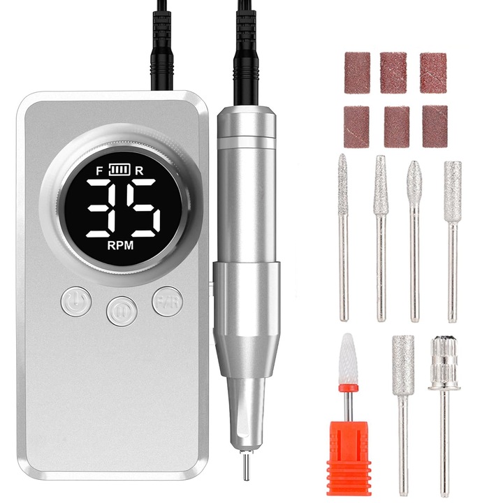 Aparat Manichiura-Pedichiura ENGERWALL 35000 RPM, Set Complet cu 7 Capete de Frezare si 56 Benzi Abrazive, Portabil, Argintiu Inchis - Profesional pentru Unghii Perfecte