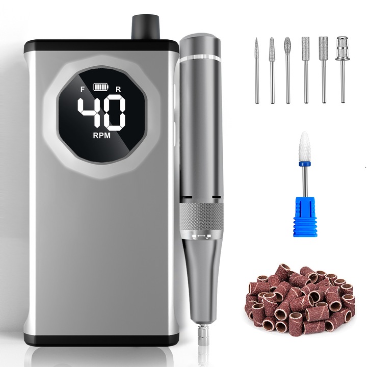 Aparat manichiura-pedichiura ENGERWALL, 40000 RPM, set complet cu 7 capete de frezare, 56 benzi abrazive, portabil, argintiu inchis