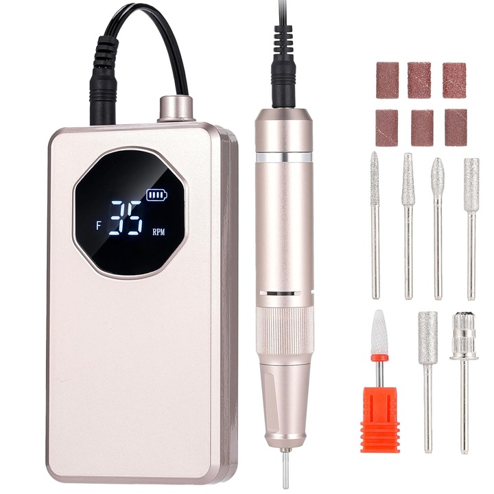 Aparat manichiura-pedichiura ENGERWALL, 35000 RPM, set complet cu 7 capete de freza si 56 benzi abrazive, aurie, portabil