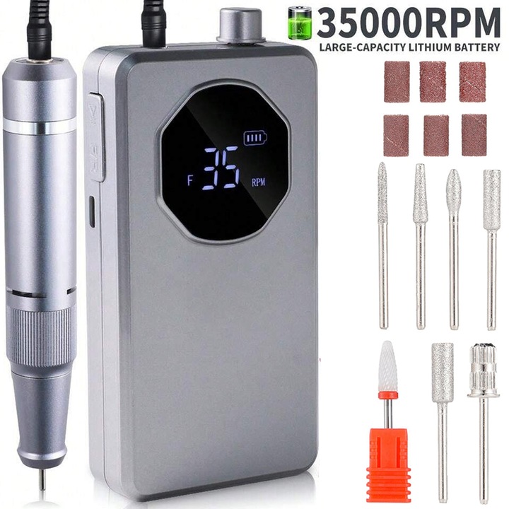 Aparat de manichiura-pedichiura ENGERWALL, 35000 RPM, set complet cu 7 capete de frezare, 56 benzi abrazive, portabil, argintiu inchis