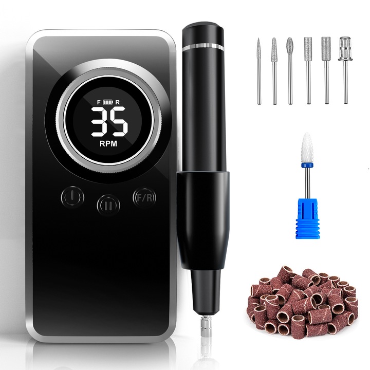 Aparat manichiura-pedichiura ENGERWALL, 35000 RPM, set complet cu 7 capete de freza si 56 benzi abrazive, negru, portabil