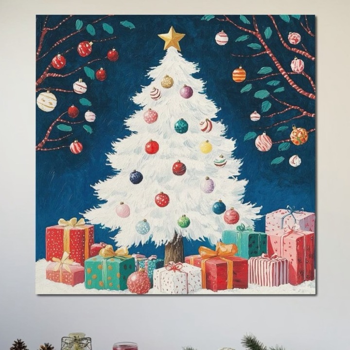 Премиум Канава Картина, LuxCanva® D1051, Очарованието на Бялата Коледна Елха, 100 X 100 СМ, Плат 100% Памук 400г/м2, Дървена Рамка