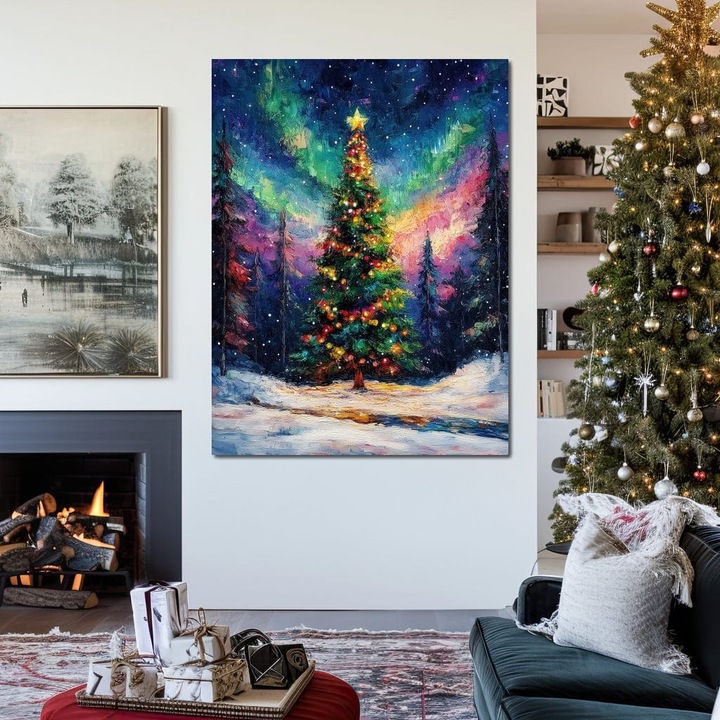 Картина на платно, LuxCanva® D1052, Aurora Borealis и магията на елхата, 90 X 120 CM, 100% памучно платно 400g/m2, дървена рамка, Aurora, Коледа, Светлини, Гора, Инсталация, Всекидневна, Живи цветове
