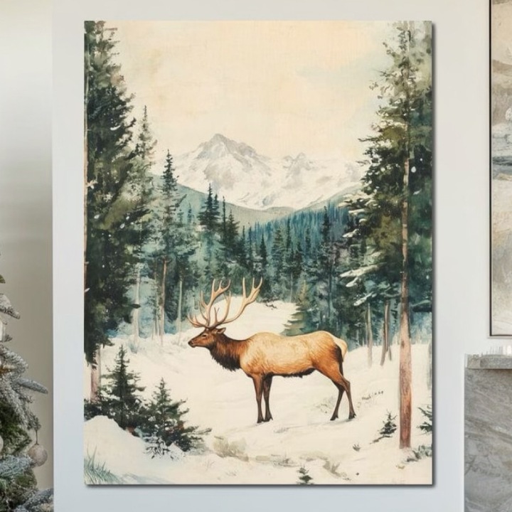 Премиум картина върху платно, LuxCanva® D1050, Елени в заснежените планини, 100 X 135 СМ, 100% памучно платно 400 г/м2, дървена рамка, Елени, Елхи, Планини, Природа, Сняг, Гора, Хол, Ярки цветове