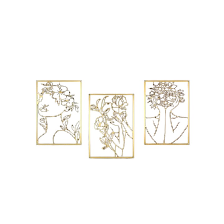 Set de 3 decoratiuni de perete din metal, arta abstracta moderna pentru perete, auriu