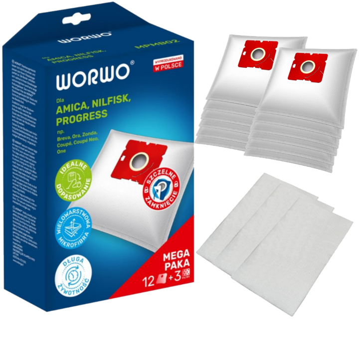 Sac aspirator Perfect Bag Worwo MPMB02X12K, 12 saci + 3 filtre aspiratie, pentru aspiratoarele AMICA/ZELMER/BEKO/NILFISK/PROGRESS