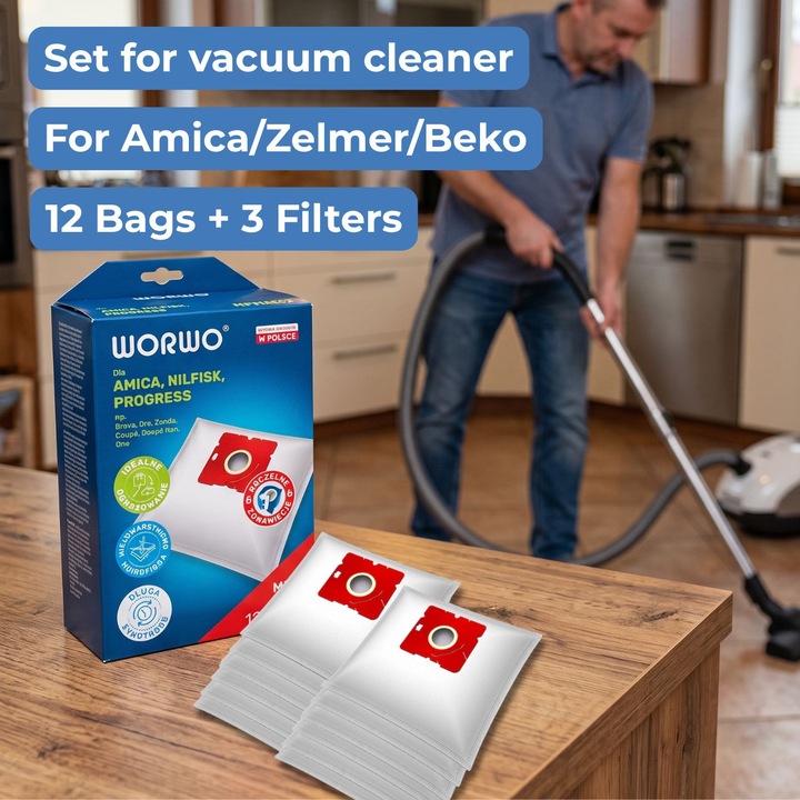 Sac aspirator Perfect Bag Worwo MPMB02X12K, 12 saci + 3 filtre aspiratie, pentru aspiratoarele AMICA/ZELMER/BEKO/NILFISK/PROGRESS