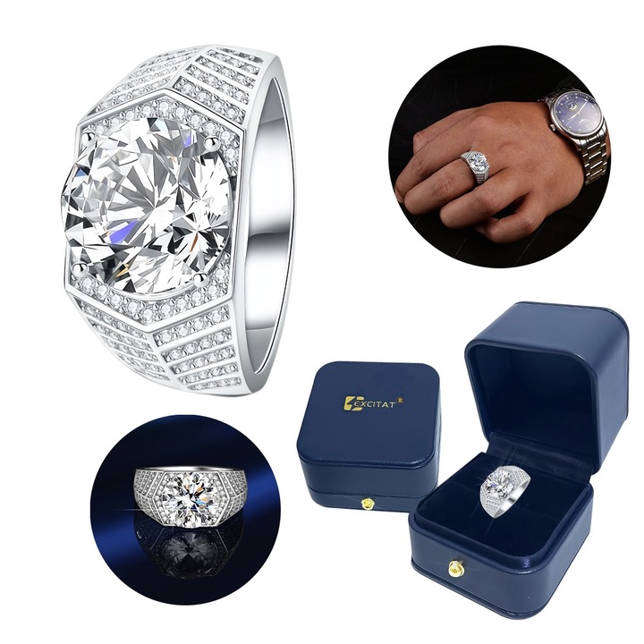 Мъжки пръстен с мойсанит, Excitat, 5 карата, инкрустиран с 90 циркона проба 5A, позлатен с 18-каратово бяло злато, D Color VVS1 Clarity, сребро S925, регулируем размер, кожена подаръчна кутия, годежен пръстен, годишнина