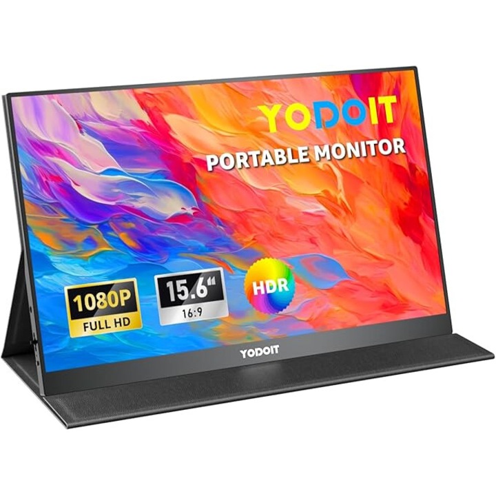 Yodoit 15,6 hüvelykes hordozható monitor 1920 x 1080 FHD IPS kijelzős hordozható monitor USB Type-C beépített hangszóróval szemkörnyékápoló képernyővel PC-hez, laptophoz, Xbox-hoz, PS 3/4/5-hez, kapcsolóhoz és TV-hez