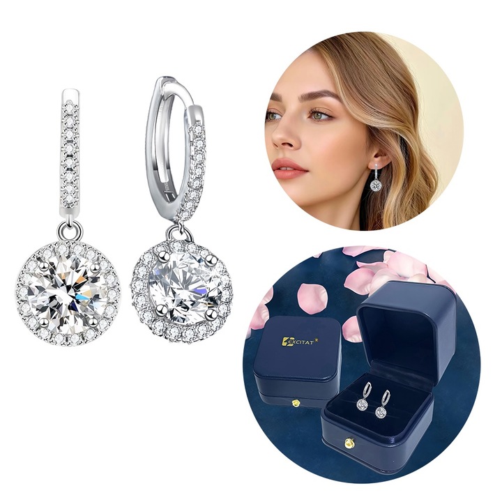 Дамски обеци с мойсанит, Excitat, 1 карат, комплект с 26 циркона 5A, позлатени с 18K бяло злато, D Color VVS1 Clarity, сребро 925, кожена подаръчна кутия, рождени дни, годишнини, празници
