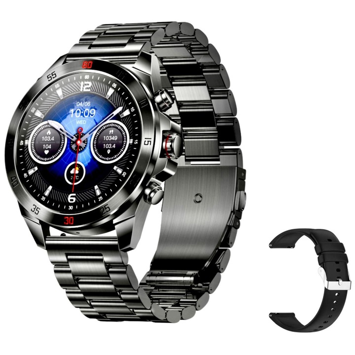 Ceas Smartwatch Barbati MGA, Display Amoled Full HD 466x466 Touch 1.43, Rezistent la Apa IP68, Muzica Apel Bluetooth, Monitorizare Somn, Tensiune Arteriala, Ritm Cardiac, Fitness, Oximetru, Compatibil iOS/Android, 2 Bratari Metalica si Siliconica, Negru