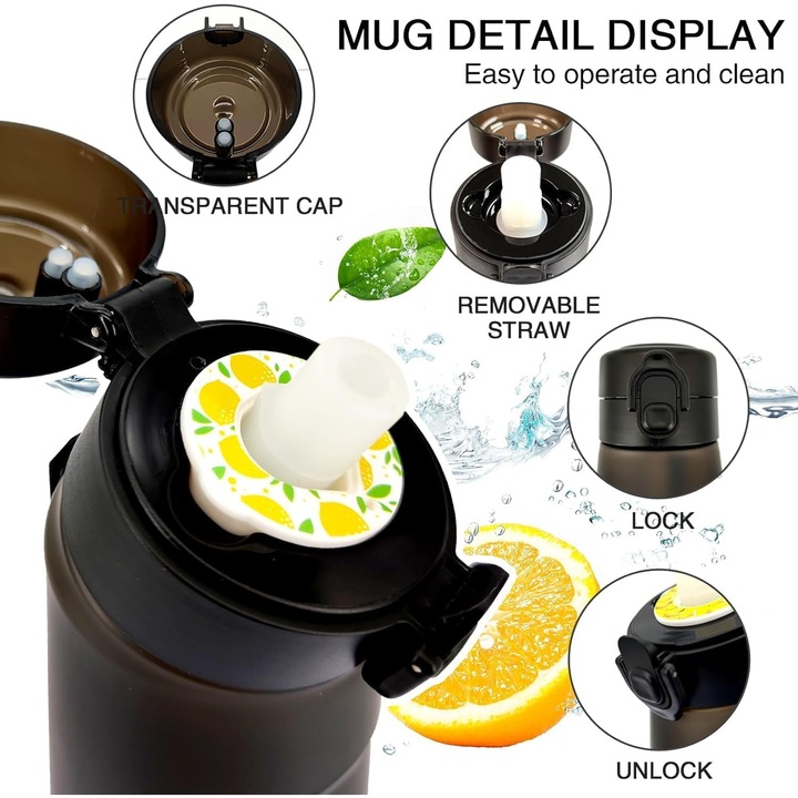 Sticla de apa cu capsule aromate, VPUINEFE, sticla sport cu pai, ideala pentru sala, activitati in aer liber(Negru mat + 5 capsule de arome)