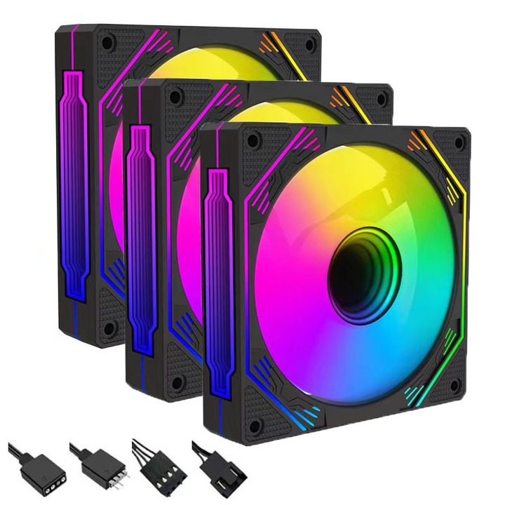 Set 3 Ventilatoare Carcasa, 120 x 120 mm, controller PWM, ARGB, Rulment hidraulic cu suspensie magnetica, Volumul de aer 71±10%CFM, Rotire inainte (vantul sufla spre spatele ventilatorului), Negru