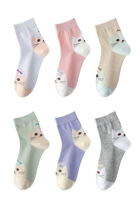 Комплект от 6 чифта дамски чорапи в стил крю със сладко анимационно коте, размер 35-40, многоцветни