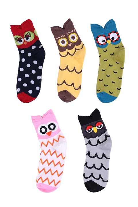 Комплект от 5 чифта дамски чорапи, крю стил, с уникална анимационна шарка на бухал, размер 35-40, многоцветни
