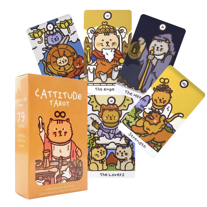 Set 78 carti tarot, model Cattitude, dimensiune mini si portabil, multicolor, 10x6cm