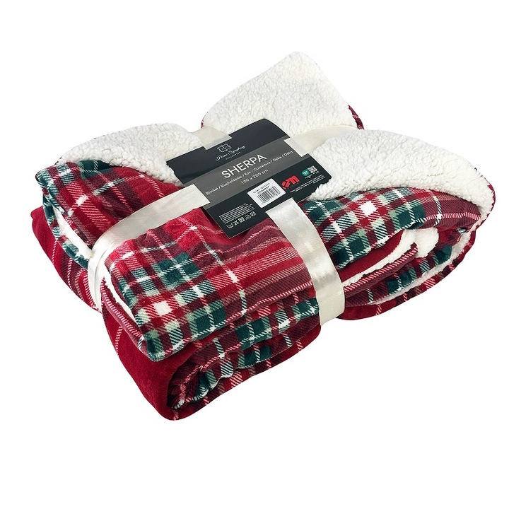 Patura Sherpa cu print carouri, 150x200cm, alb, 100% poliester