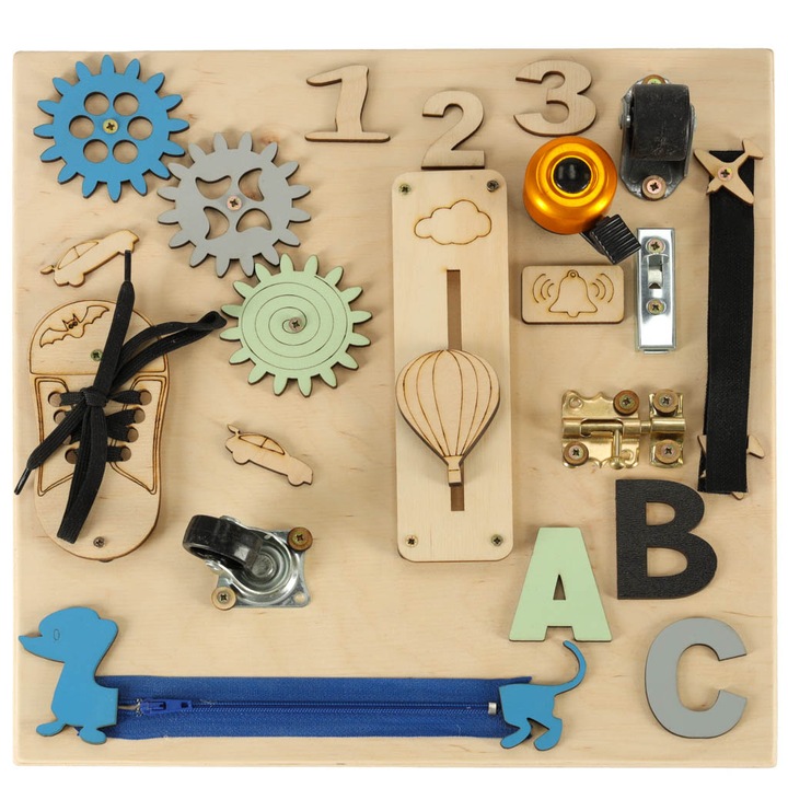 Fa manipulatív tábla, 30x30cm, különféle interaktív elemekkel, többszínű