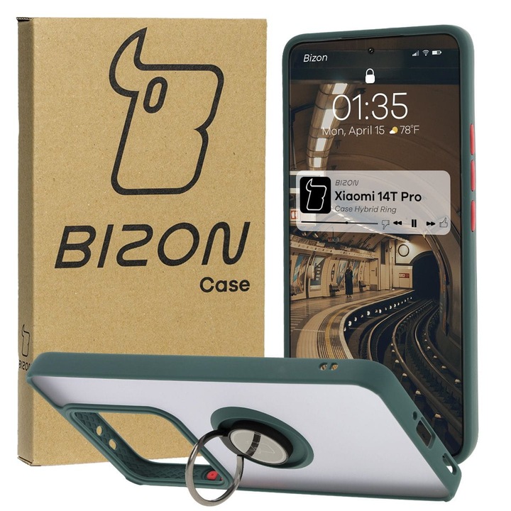 Калъф, Bizon Case Hybrid Ring, Xiaomi 14T Pro, Оцветена с тъмнозелена рамка