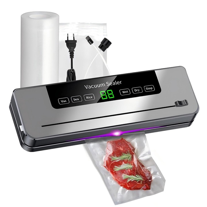 Aparat de vidat si sigilat, 120W, 60kpa, 6 functii vidare umed/uscata/soft, Furtun si 10 Pungi Incluse (20x30 cm), panou de comanda tactil, 30 cm bara de lipire, Cutter Incorporat, Functie de Sigilare si Vidare Automata, Vidare in 10 Secunde, Gri